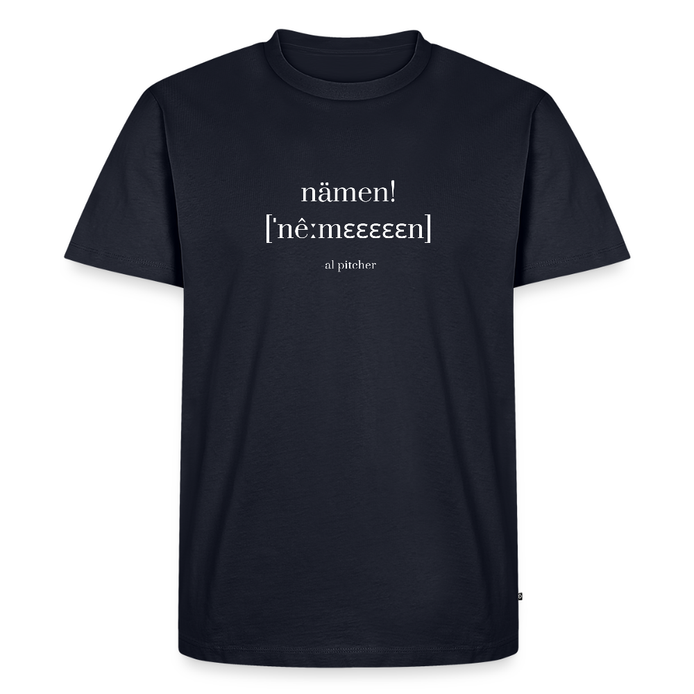 "Nämen" T-shirt (vit text) - navy