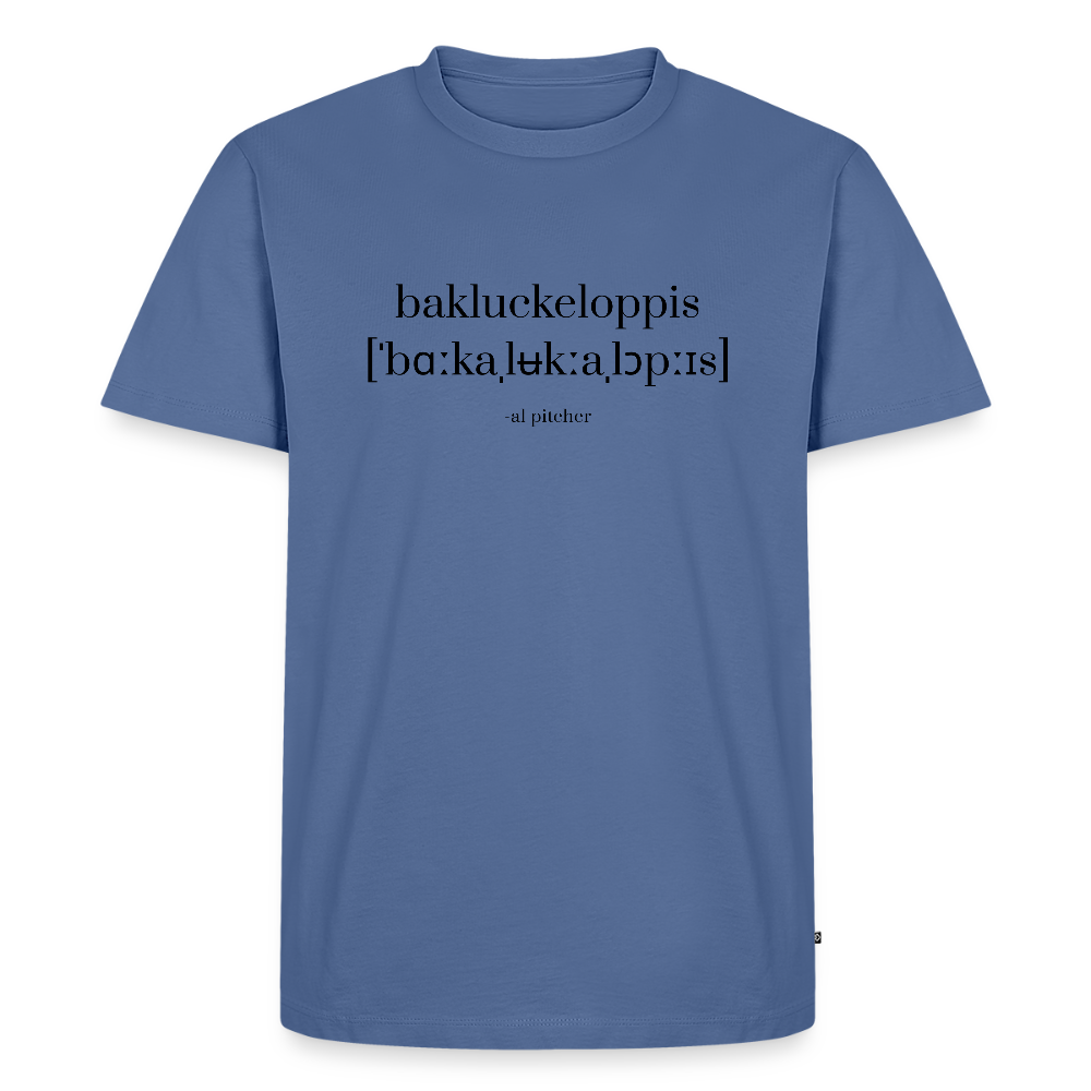 "Bakluckeloppis" T-shirt svart text - stone blue