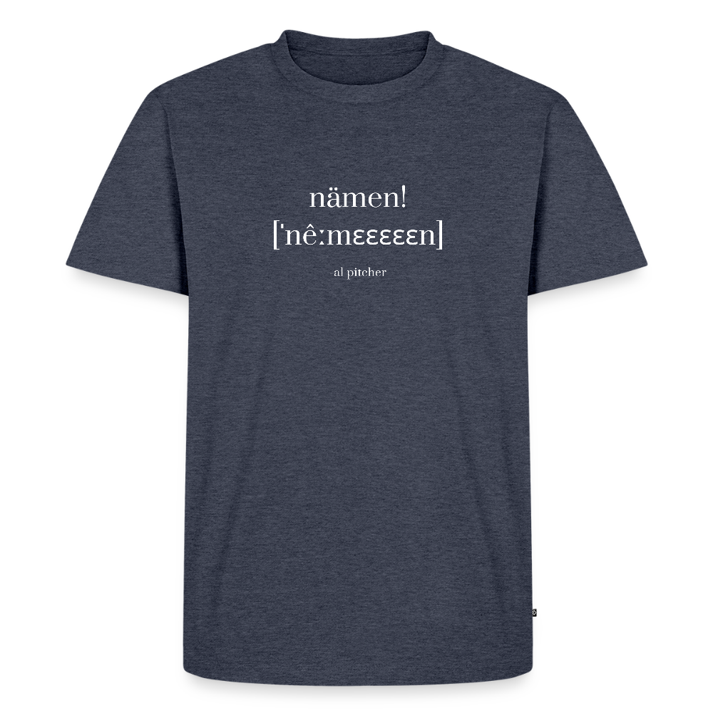"Nämen" T-shirt (vit text) - heather denim