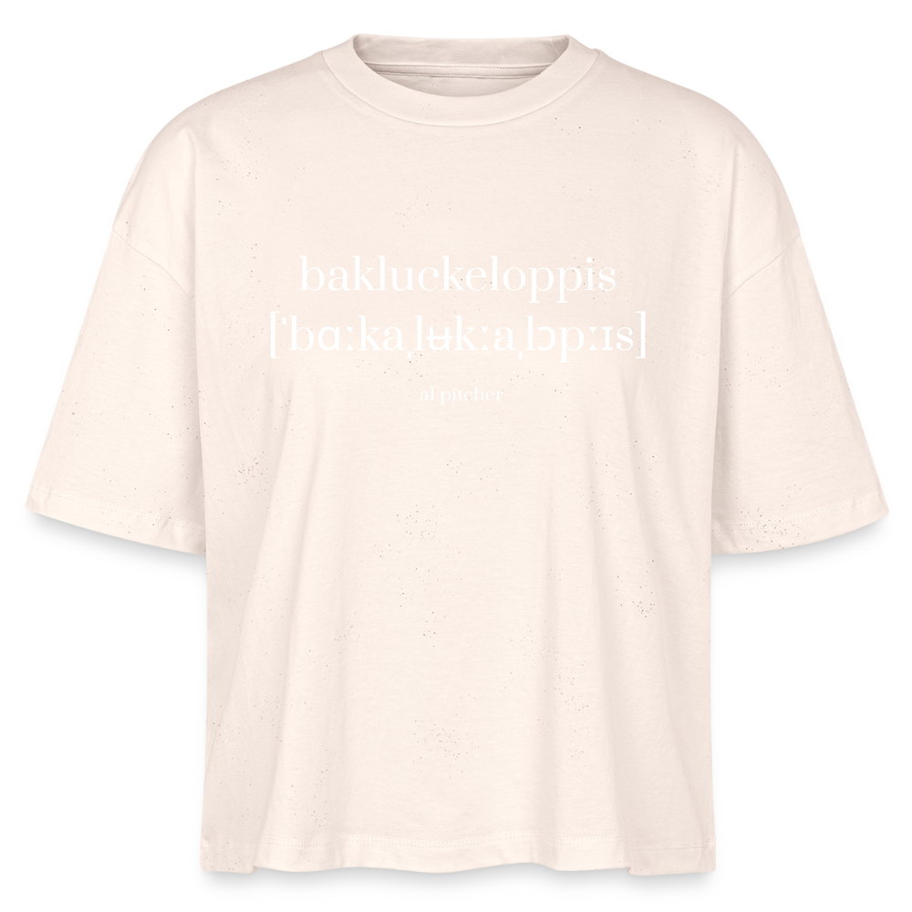 "Bakluckeloppis" T-shirt (vit text) - natural raw