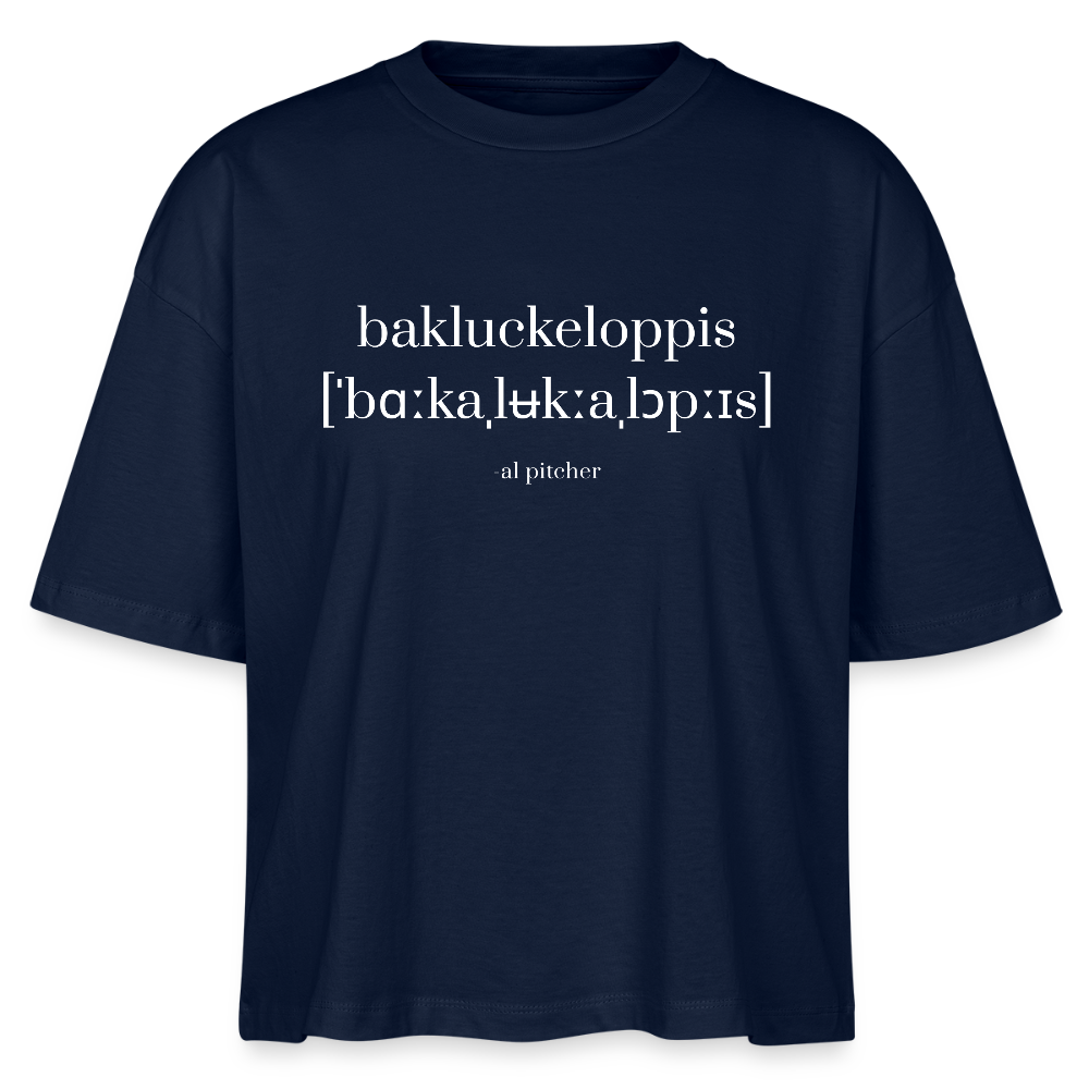 "Bakluckeloppis" T-shirt (vit text) - navy