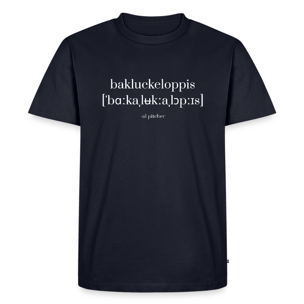 "Bakluckeloppis" T-shirt vit text - navy